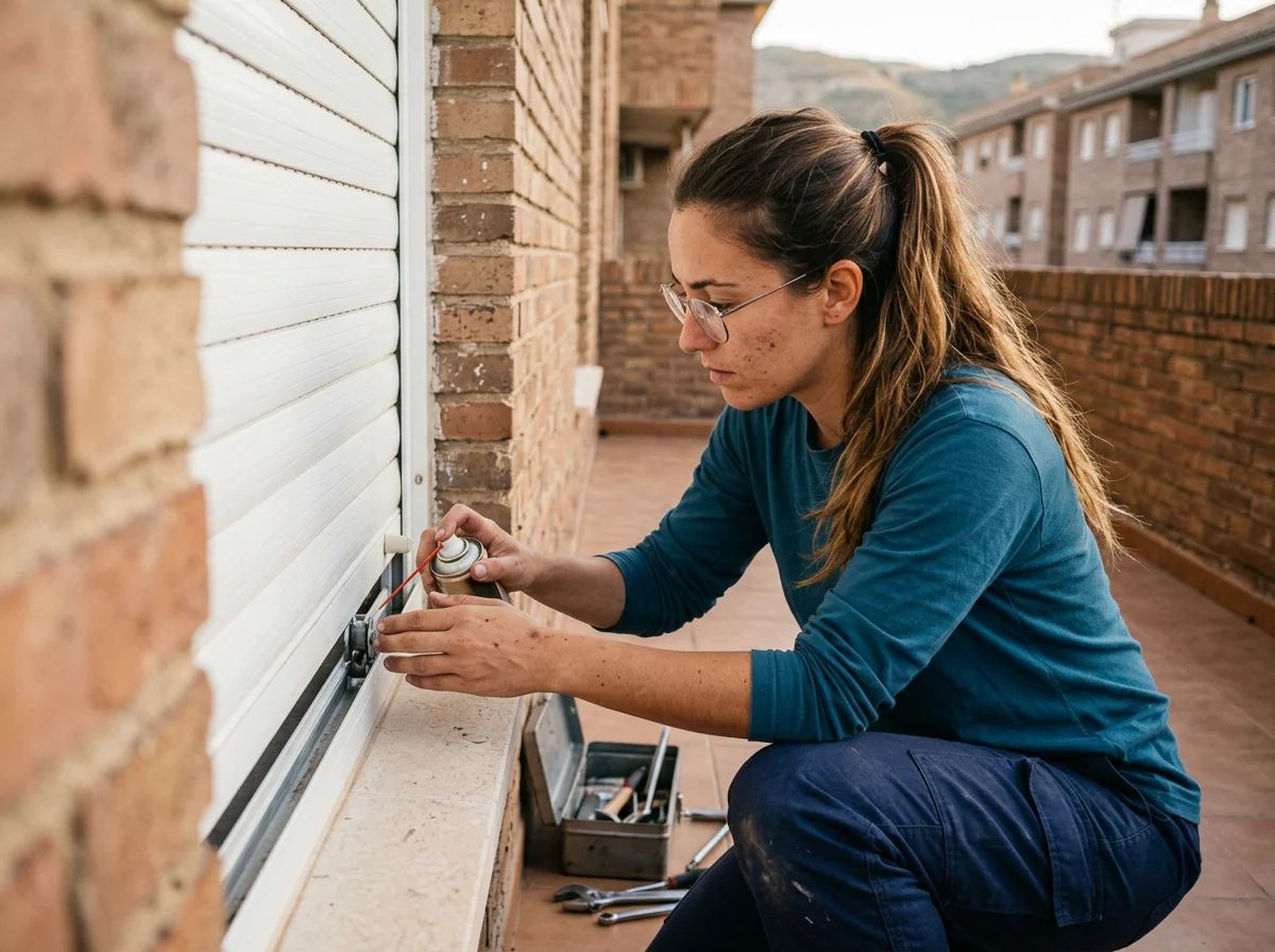Reparación de persianas en Benilloba: técnico limpiando y engrasando las guías de una persiana