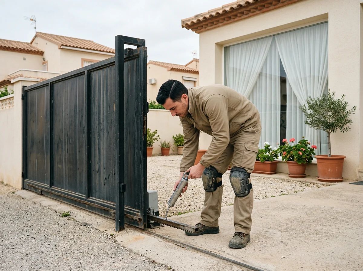 Automatismos de puertas en San Vicente del Raspeig: técnico engrasando la cremallera de una puerta corredera