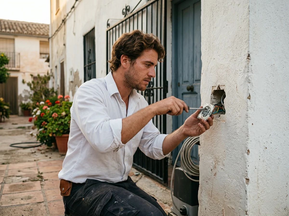Automatismos de puertas en Finestrat: técnico instalando un selector de llave