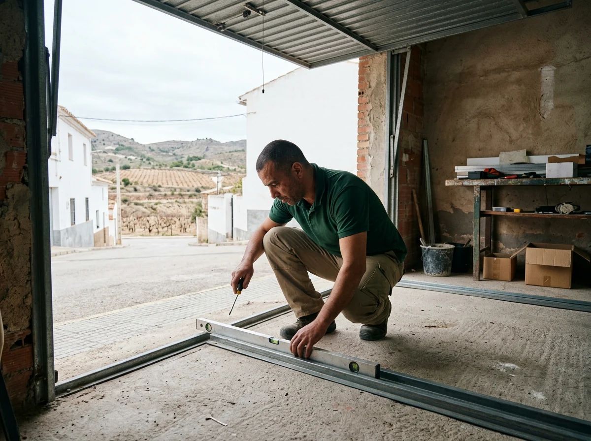 Puertas de garaje en Beneixama: técnico alineando los carriles de una seccional