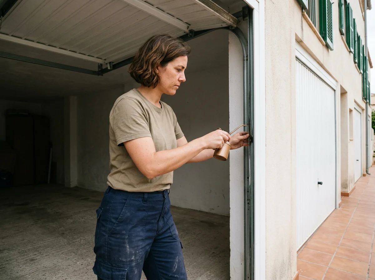 Puertas de garaje en Benimeli: técnico engrasando una puerta basculante