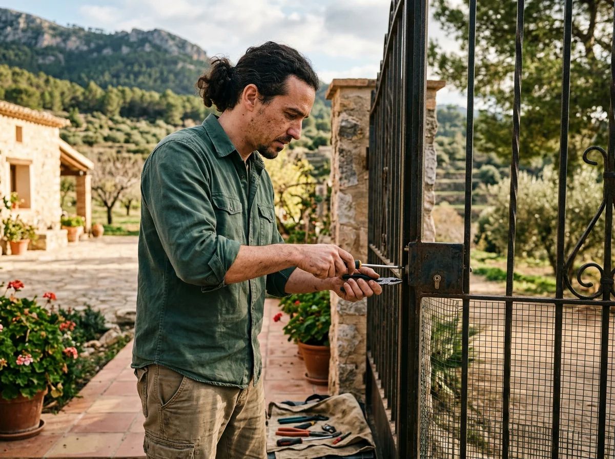 Cerrajeros en Torremanzanas: técnico reparando la cerradura de una cancela de jardín