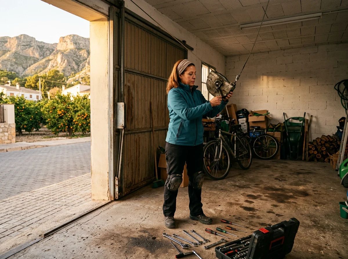 Puertas de garaje en La Vall de Gallinera: técnico ajustando el contrapeso de una basculante