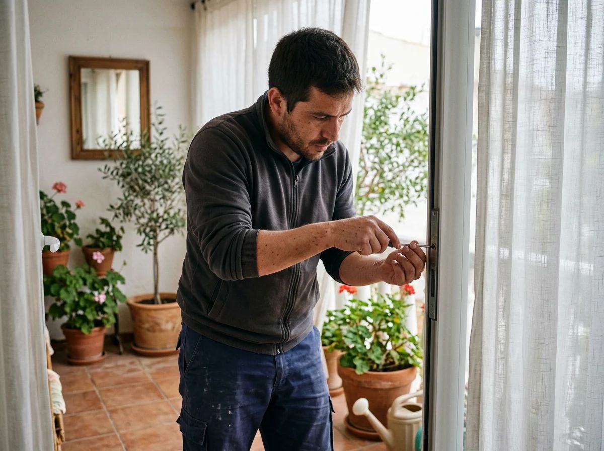 Cerrajeros en Callosa de Segura: técnico ajustando la cerradura de una puerta de terraza