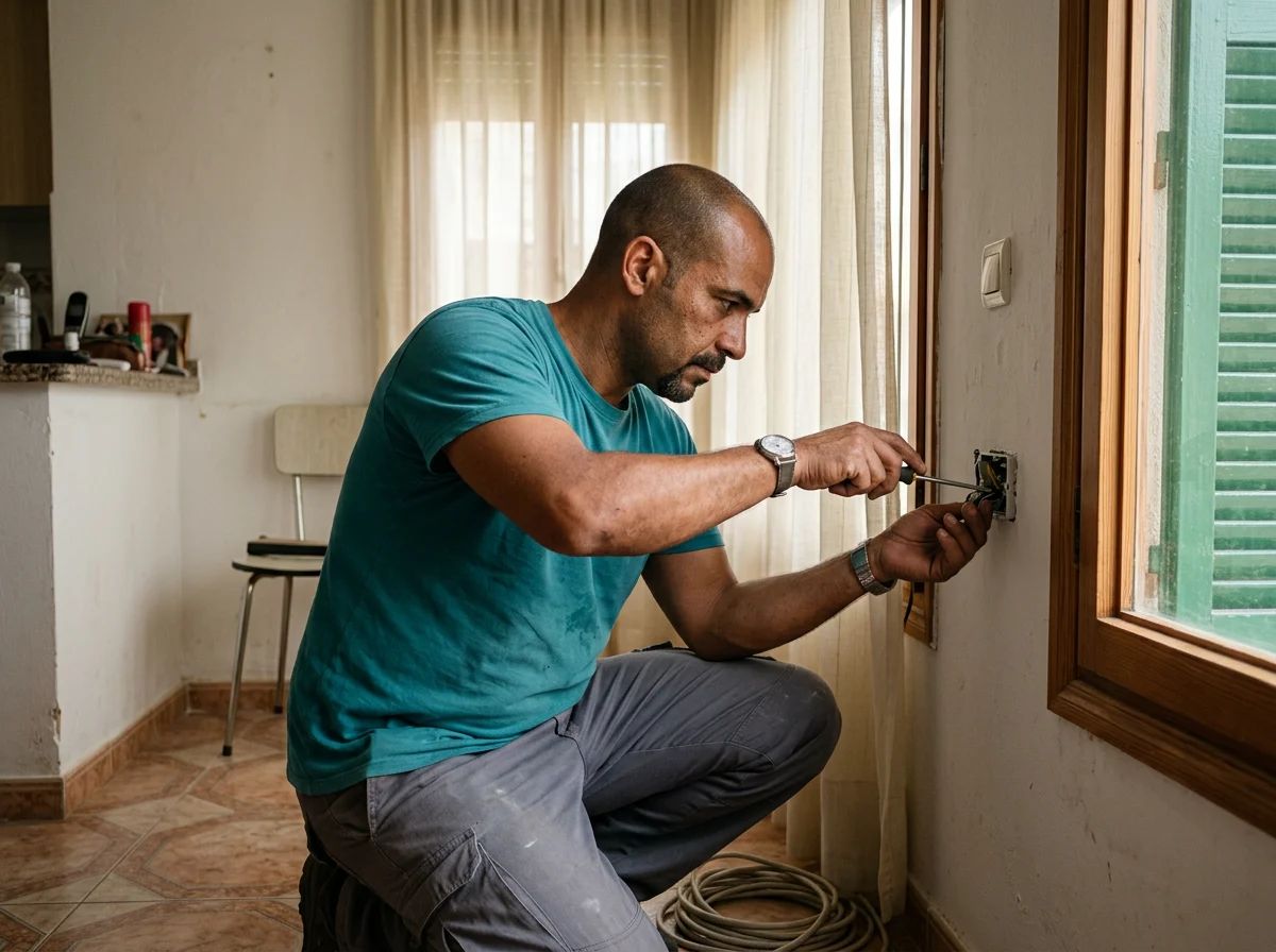 Reparación de persianas en Murla: técnico instalando el interruptor de una persiana motorizada