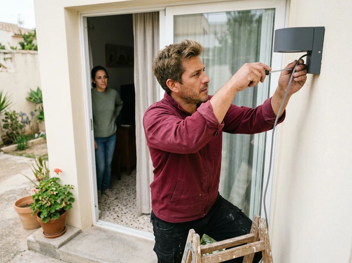 Electricistas en Elda: técnico instalando una luz exterior