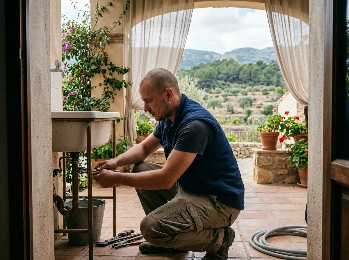 Fontaneros en Benilloba: técnico reparando la pila del patio