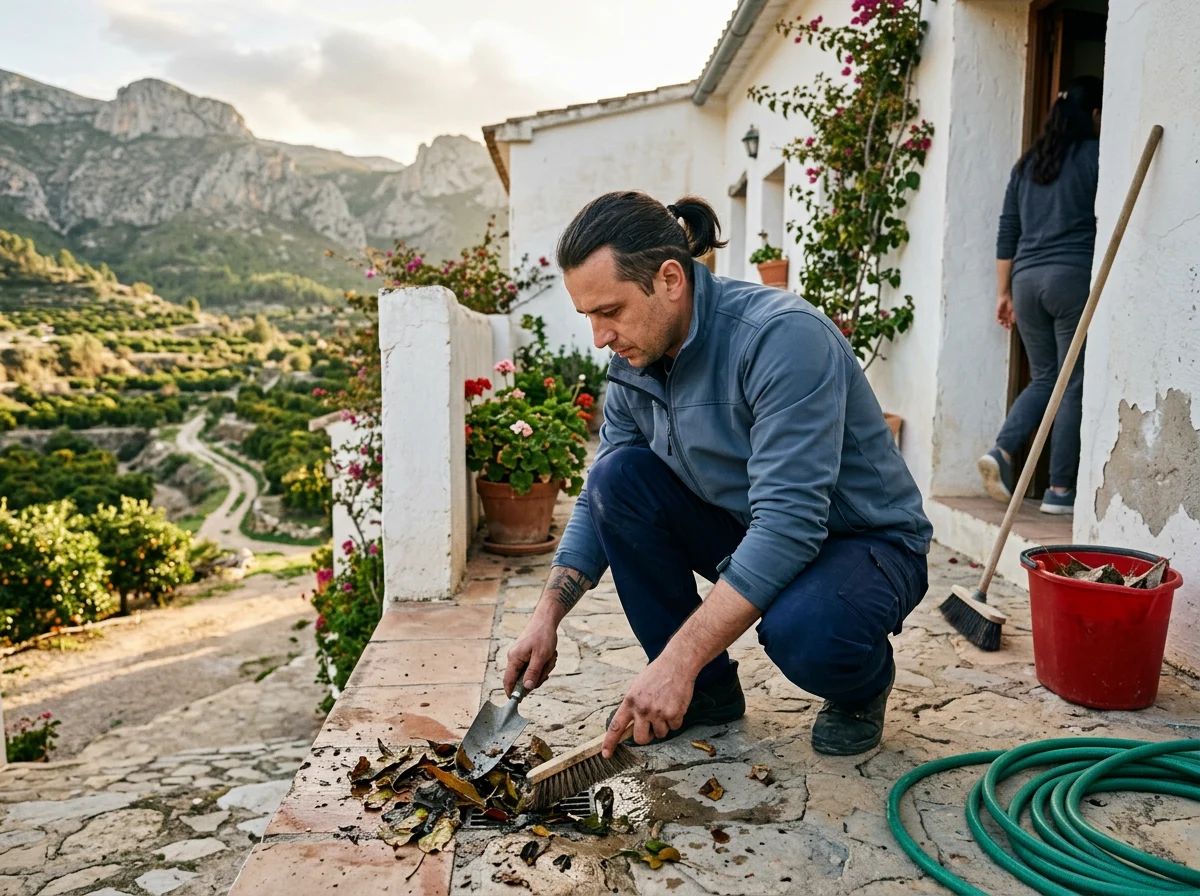 Desatascos en Parcent: técnico limpiando el sumidero de una terraza