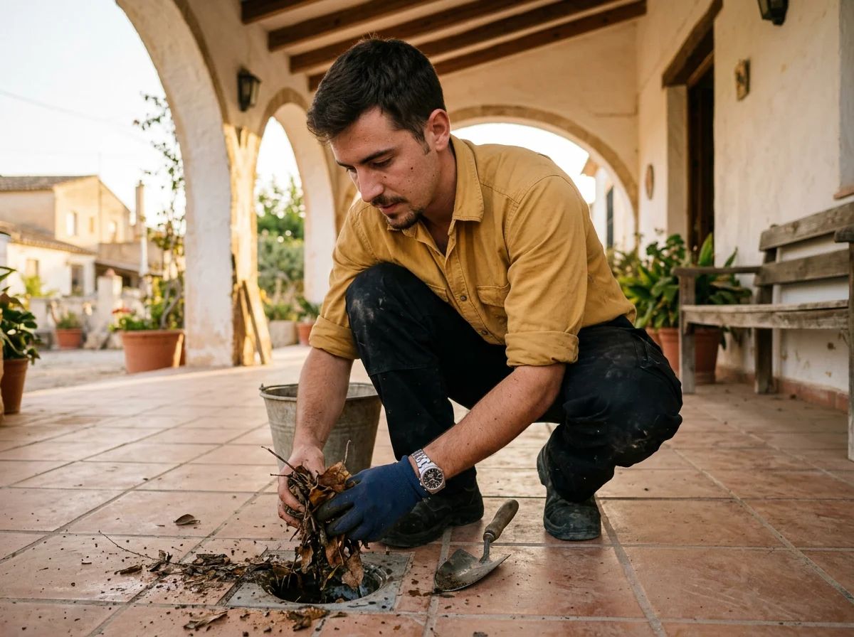 Desatascos en Tormos: técnico limpiando el sumidero de una terraza