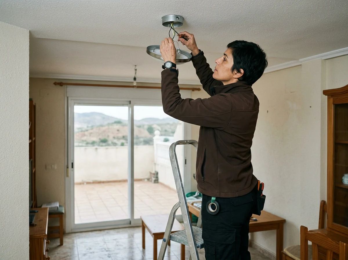 Electricistas en Mutxamel: técnico instalando una lámpara de techo