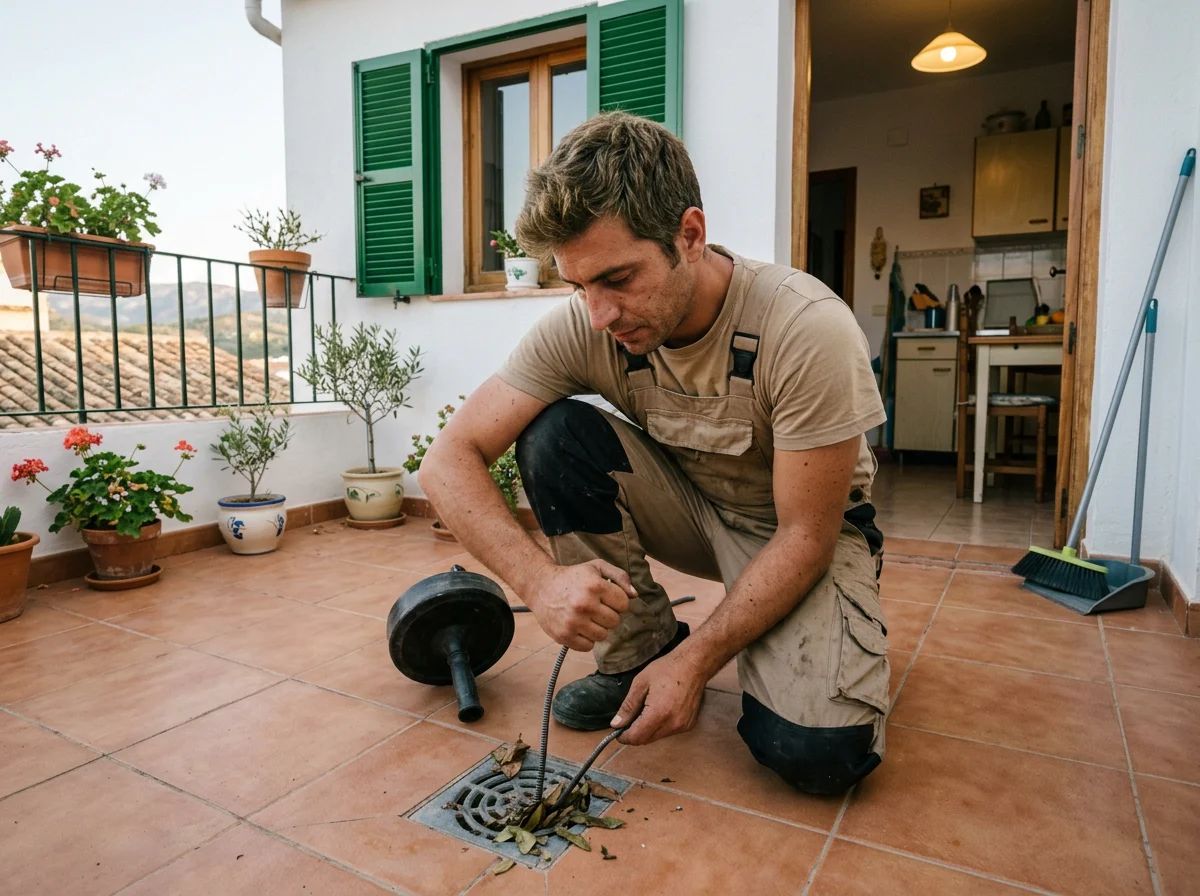Desatascos en Senija: técnico limpiando el sumidero de una terraza