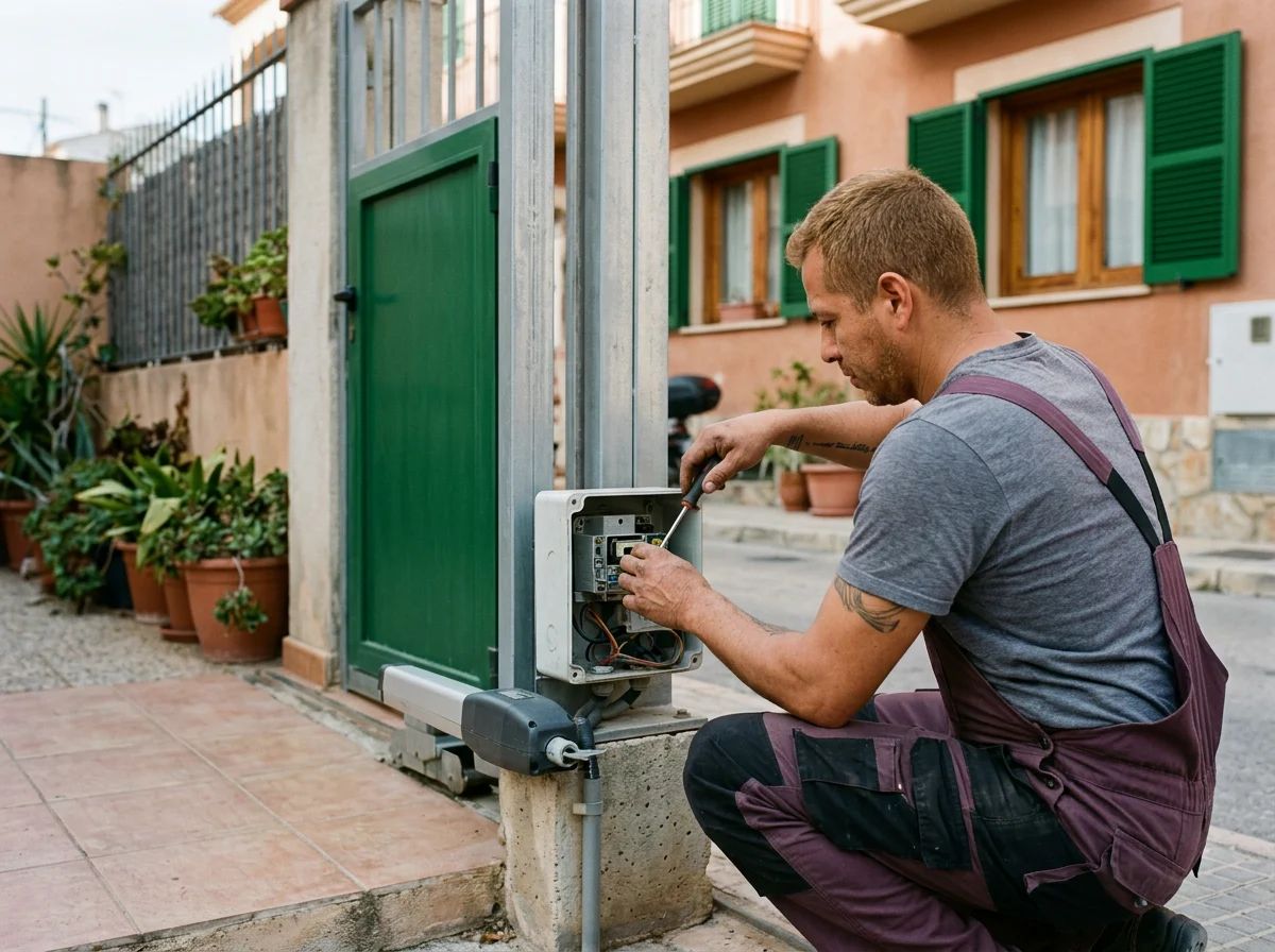 Automatismos de puertas en Relleu: técnico ajustando una puerta peatonal automática