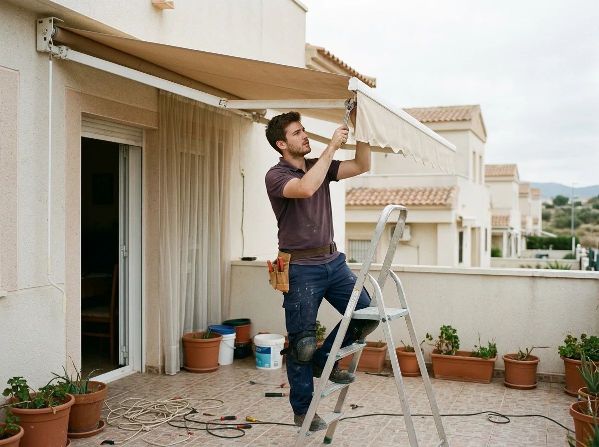 Reparación de persianas en Mutxamel: técnico reparando un toldo