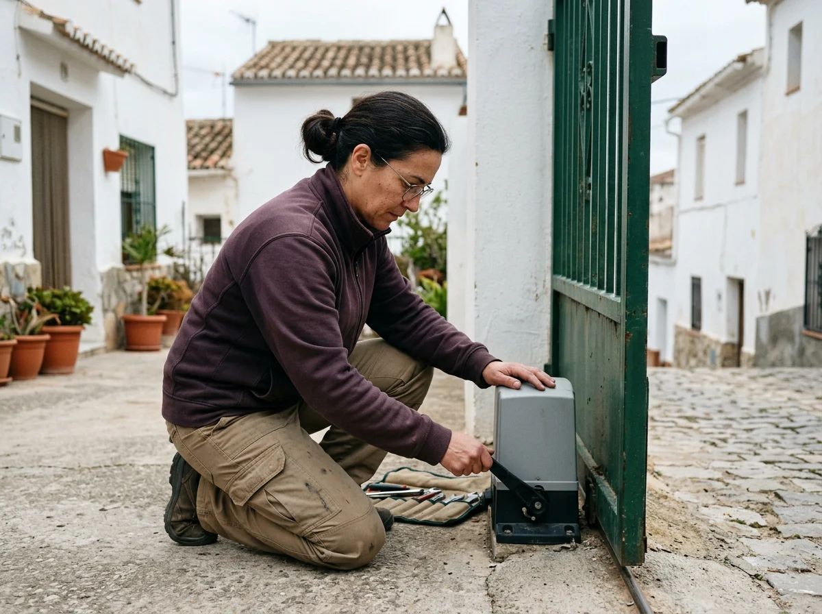Automatismos de puertas en Alcoy: técnico probando el desbloqueo manual de un motor