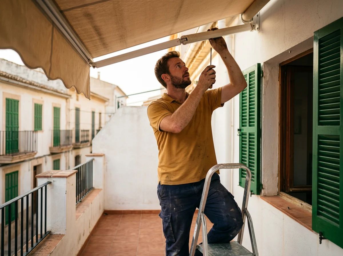Reparación de persianas en Sagra: técnico reparando un toldo