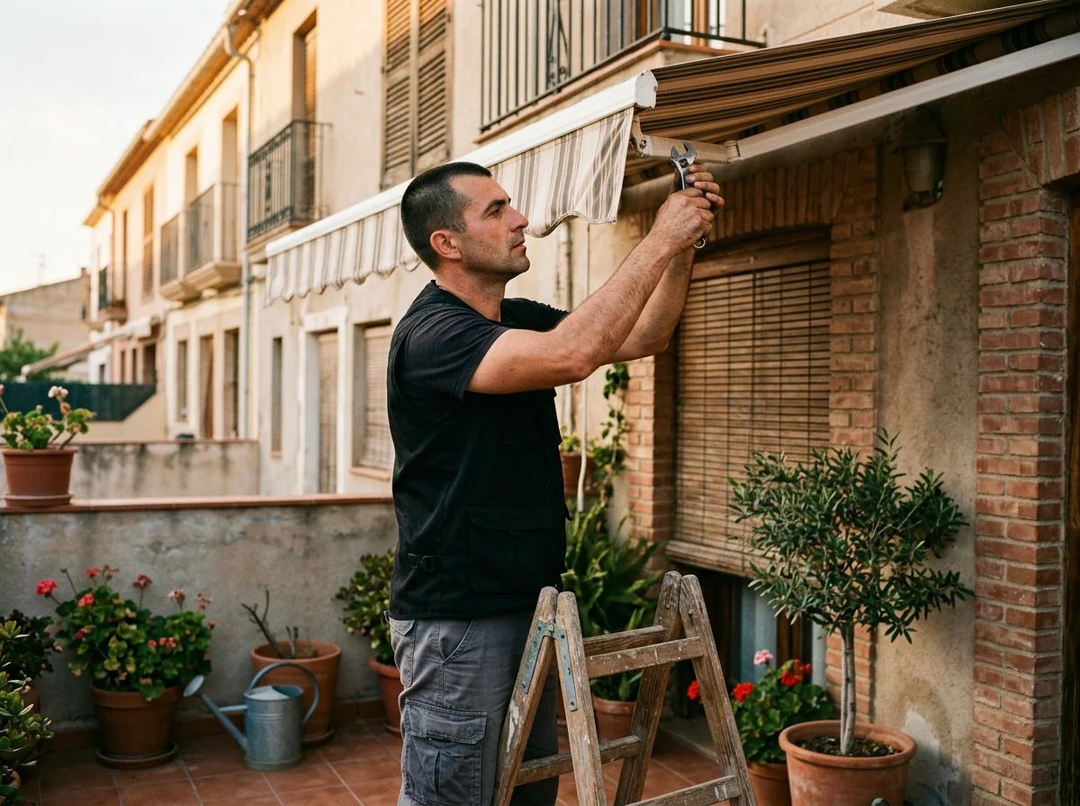 Reparación de persianas en Monóvar: técnico reparando un toldo