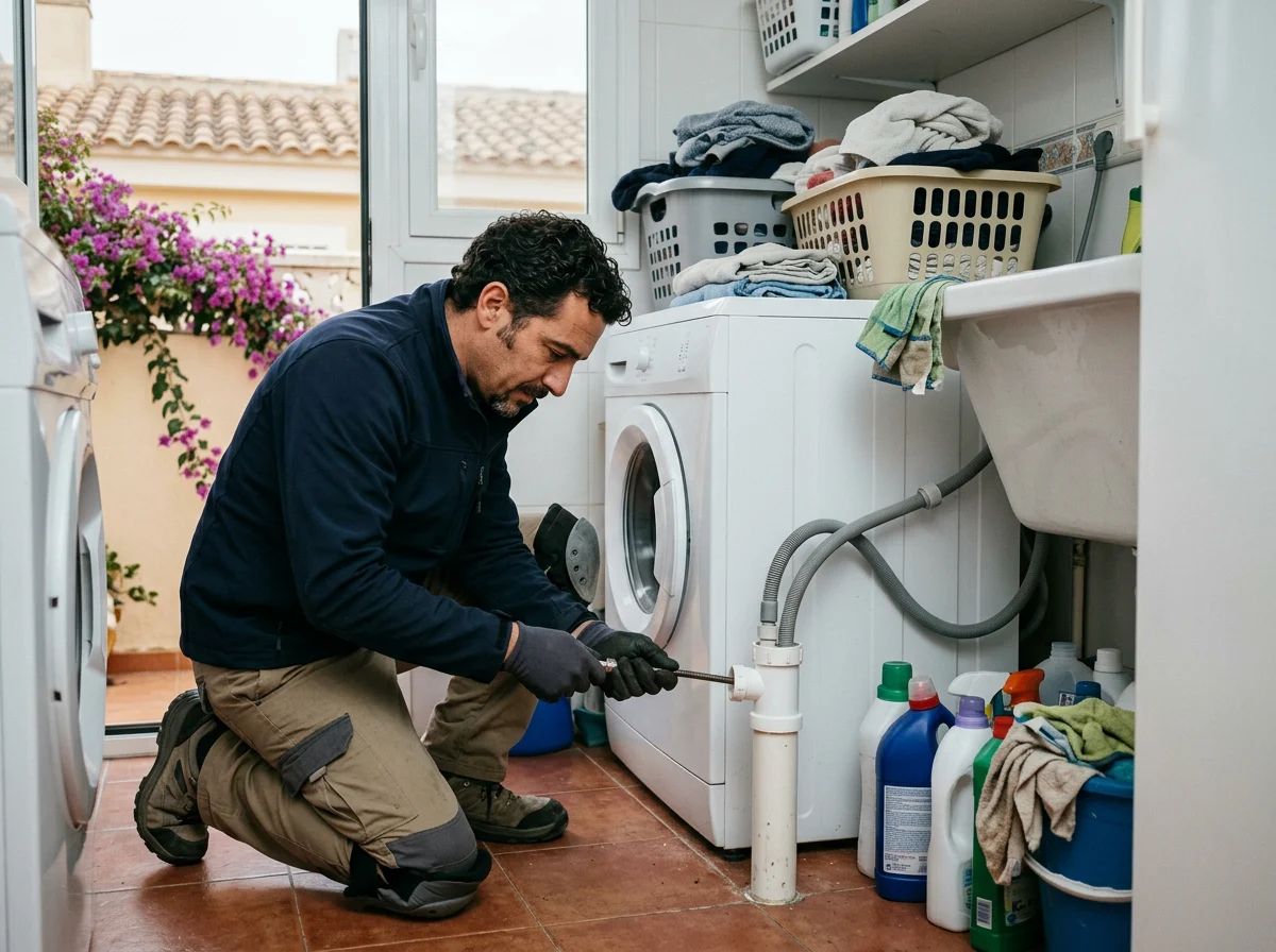 Desatascos en El Campello: técnico desatascando el desagüe de la lavadora