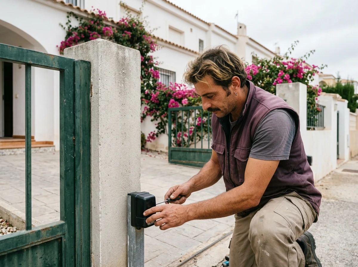Automatismos de puertas en Benitachell: técnico alineando las fotocélulas de una cancela