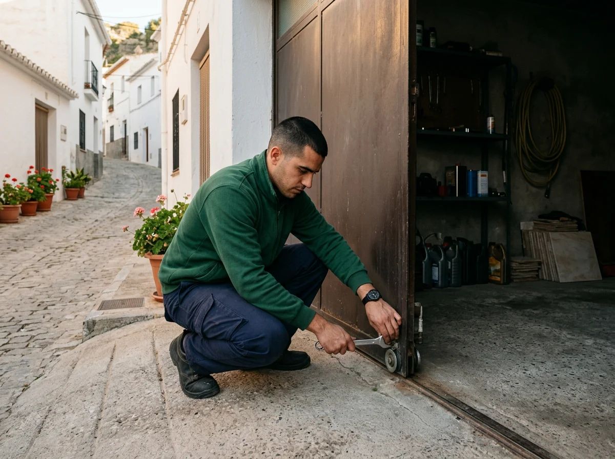 Puertas de garaje en Penàguila: técnico revisando la puerta de un garaje comunitario