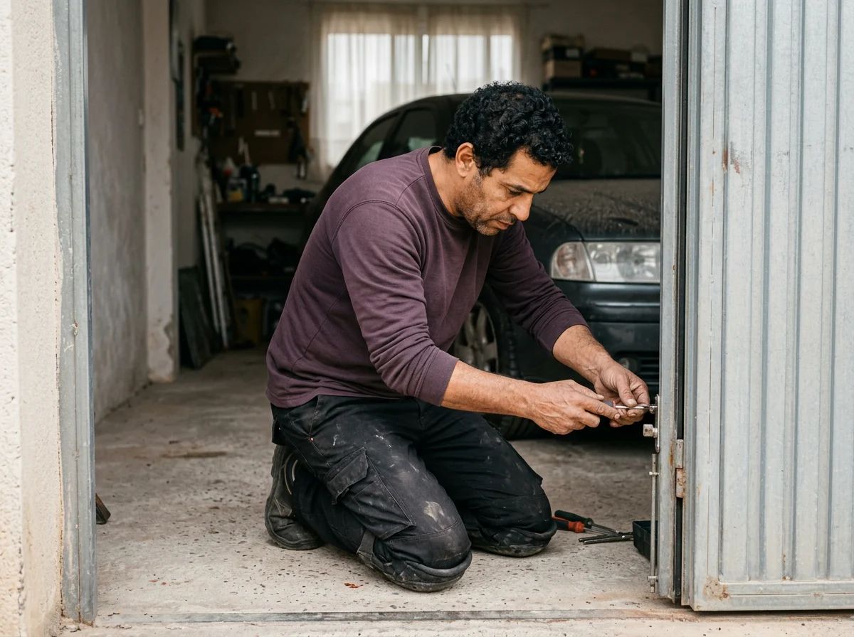 Puertas de garaje en Sagra: técnico reparando la puerta peatonal de un garaje