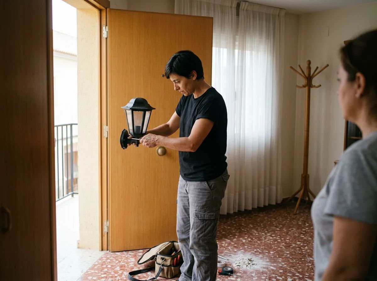 Electricistas en Villena: técnico instalando una luz exterior