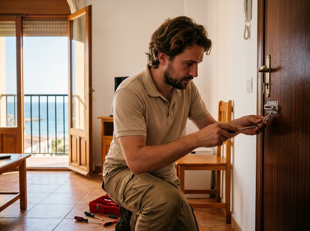 Cerrajeros en Jávea: técnico instalando una mirilla y una cadena de seguridad