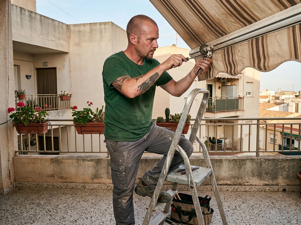 Reparación de persianas en Alicante: técnico reparando un toldo