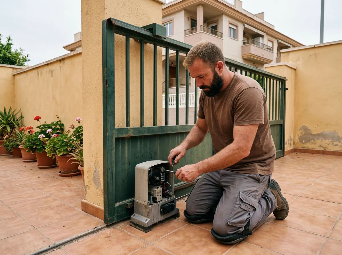 Automatismos de puertas en Algorfa: técnico revisando el motor de una puerta corredera