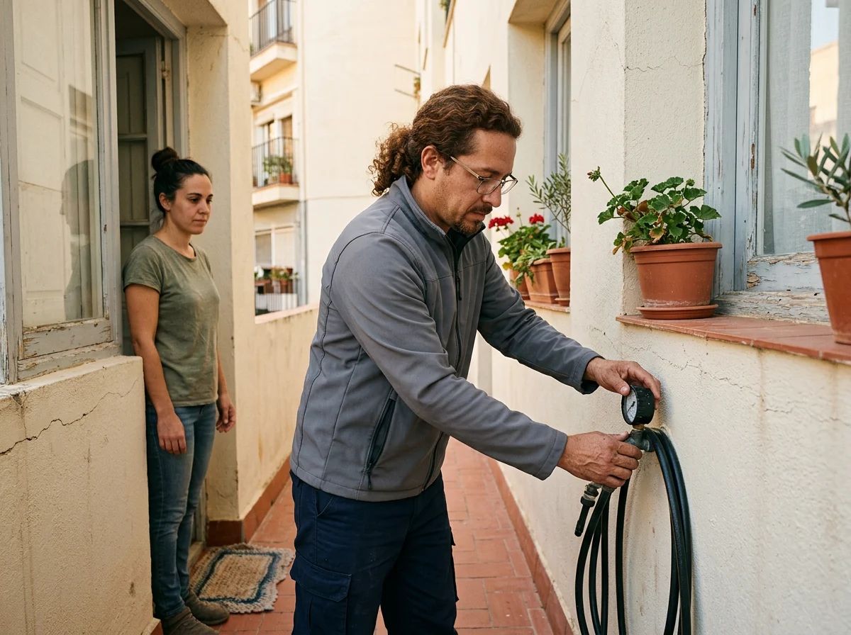 Fontaneros en Agost: técnico midiendo la presión del agua