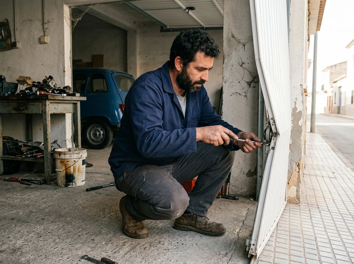 Puertas de garaje en Formentera del Segura: técnico cambiando un panel de una puerta seccional