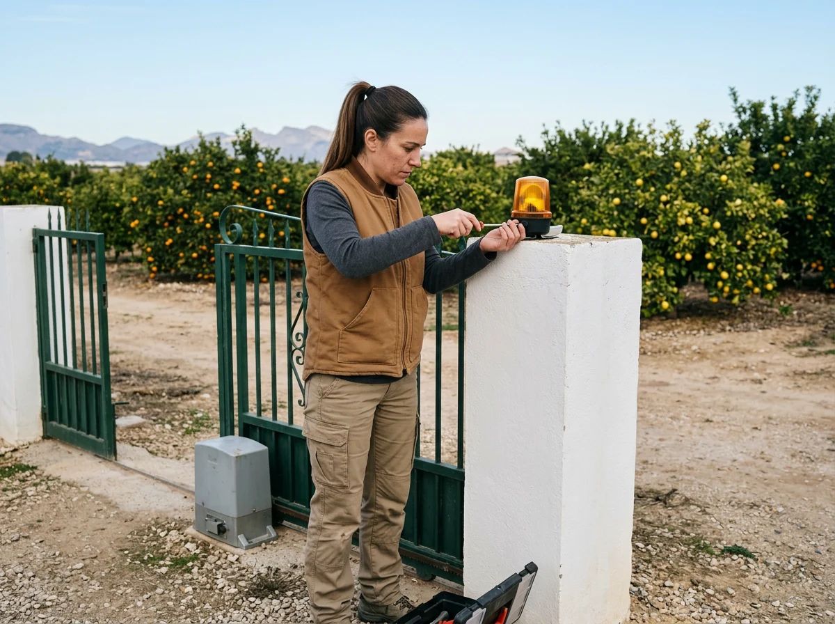 Automatismos de puertas en Rojales: técnico instalando la luz de aviso de una puerta automática