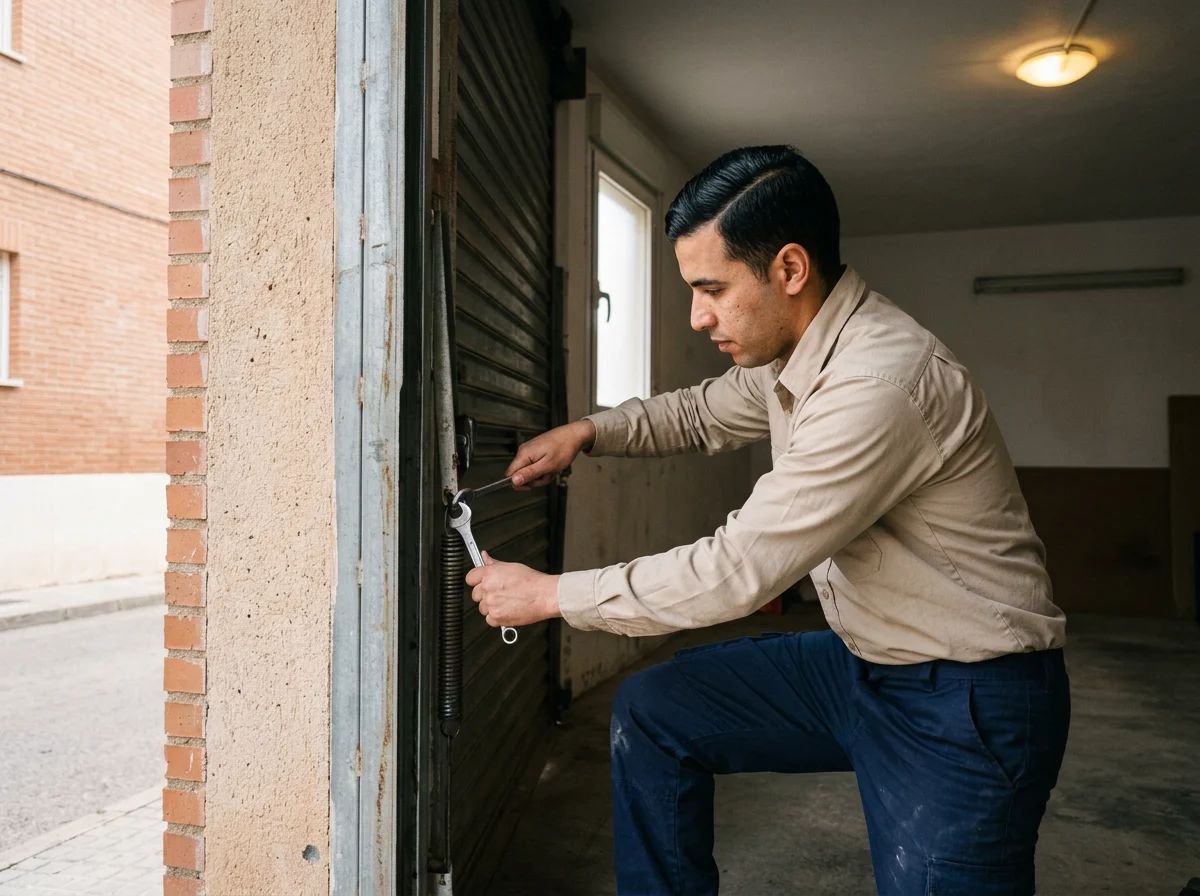 Puertas de garaje en Novelda: técnico revisando la puerta de un garaje comunitario
