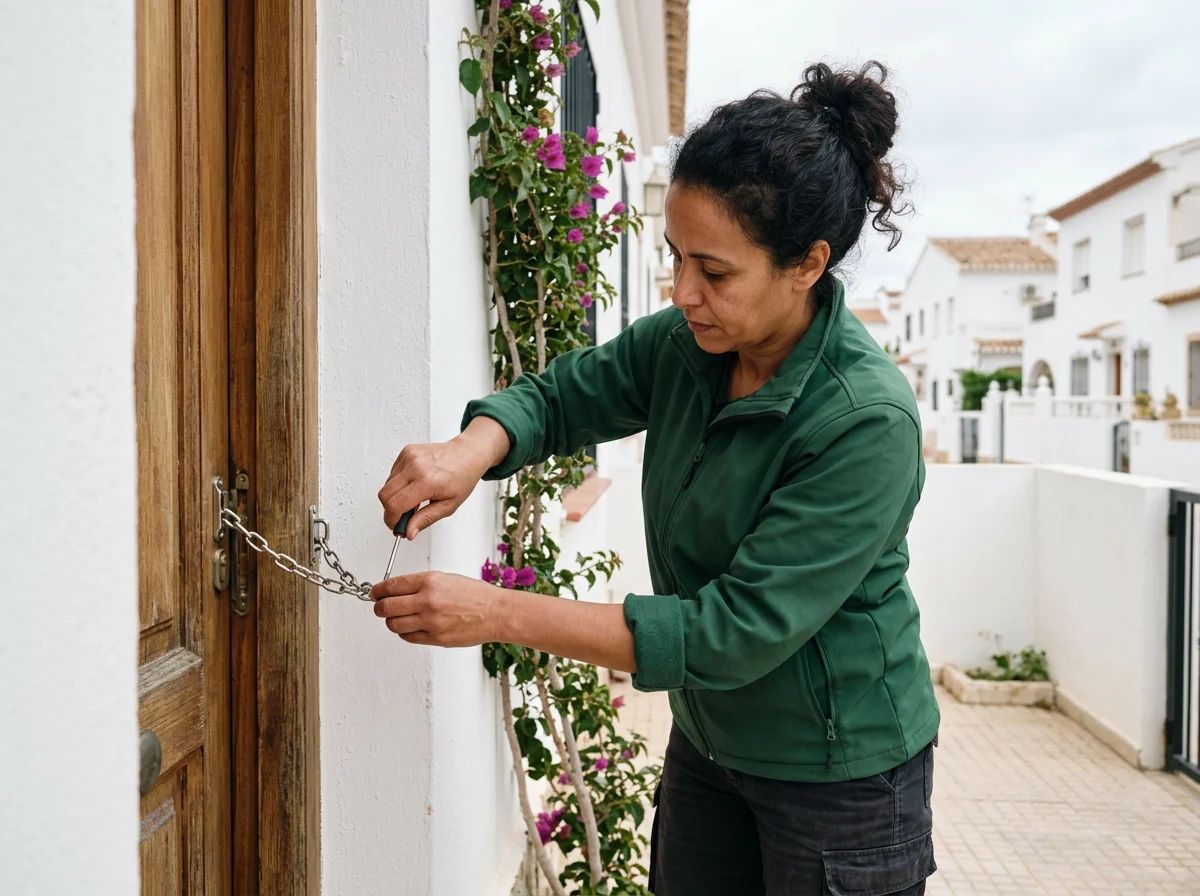 Cerrajeros en Villajoyosa: técnico instalando una mirilla y una cadena de seguridad