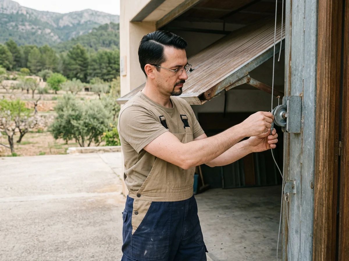 Puertas de garaje en Castalla: técnico ajustando el contrapeso de una basculante
