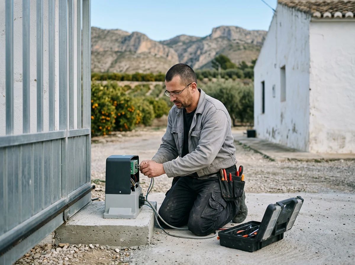 Automatismos de puertas en Sella: técnico instalando un motor de puerta corredera