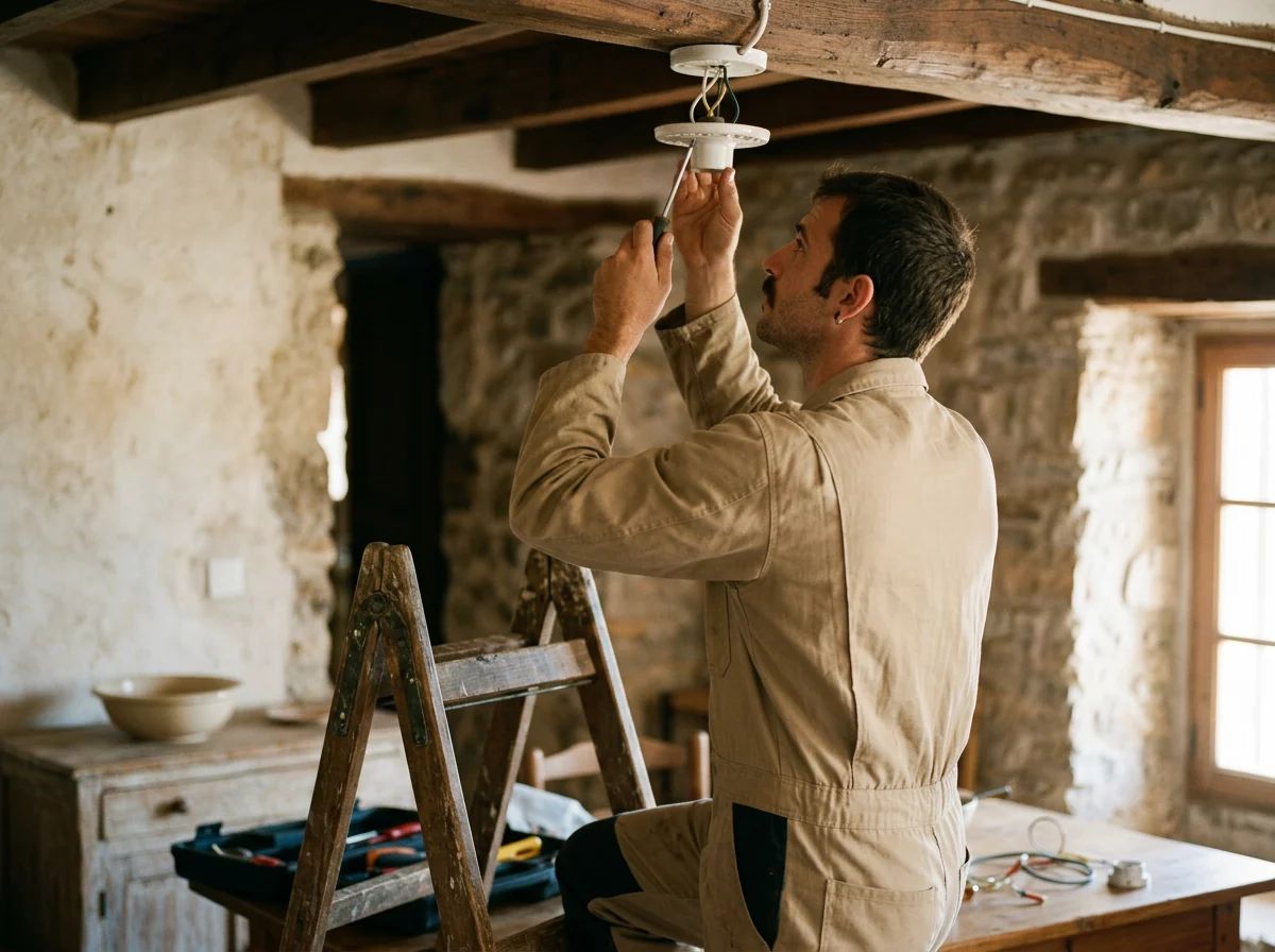 Electricistas en Torremanzanas: técnico instalando una lámpara de techo