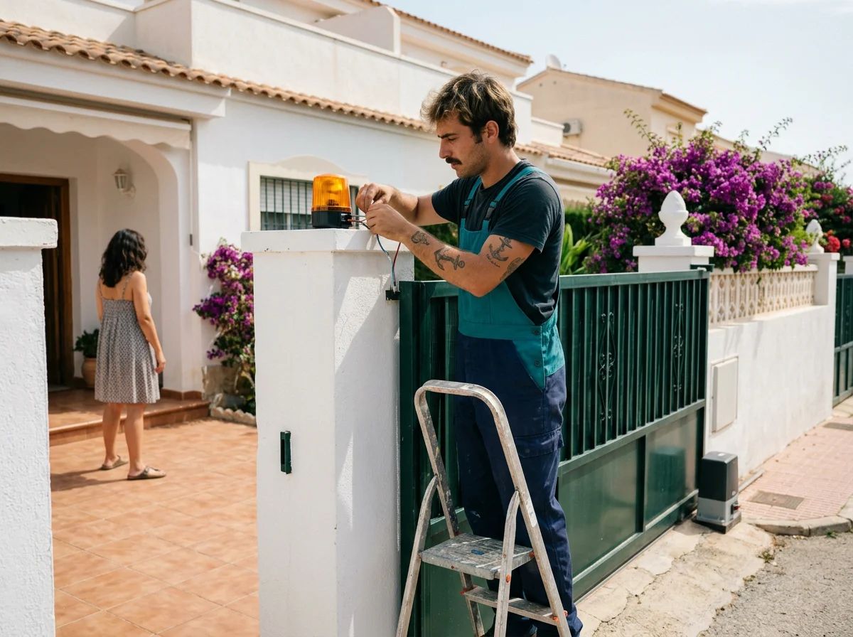 Automatismos de puertas en El Verger: técnico instalando la luz de aviso de una puerta automática