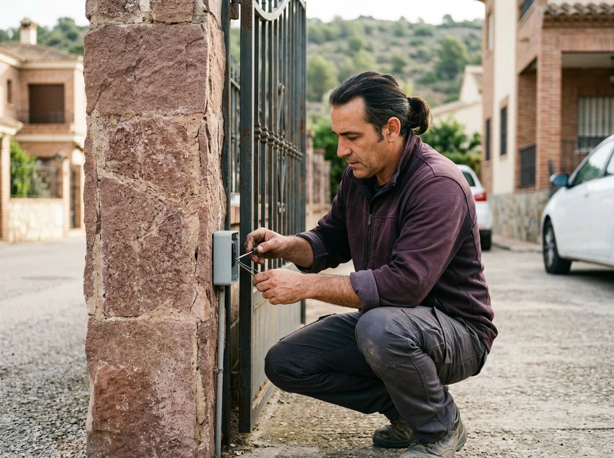 Automatismos de puertas en Beniarrés: técnico instalando un selector de llave