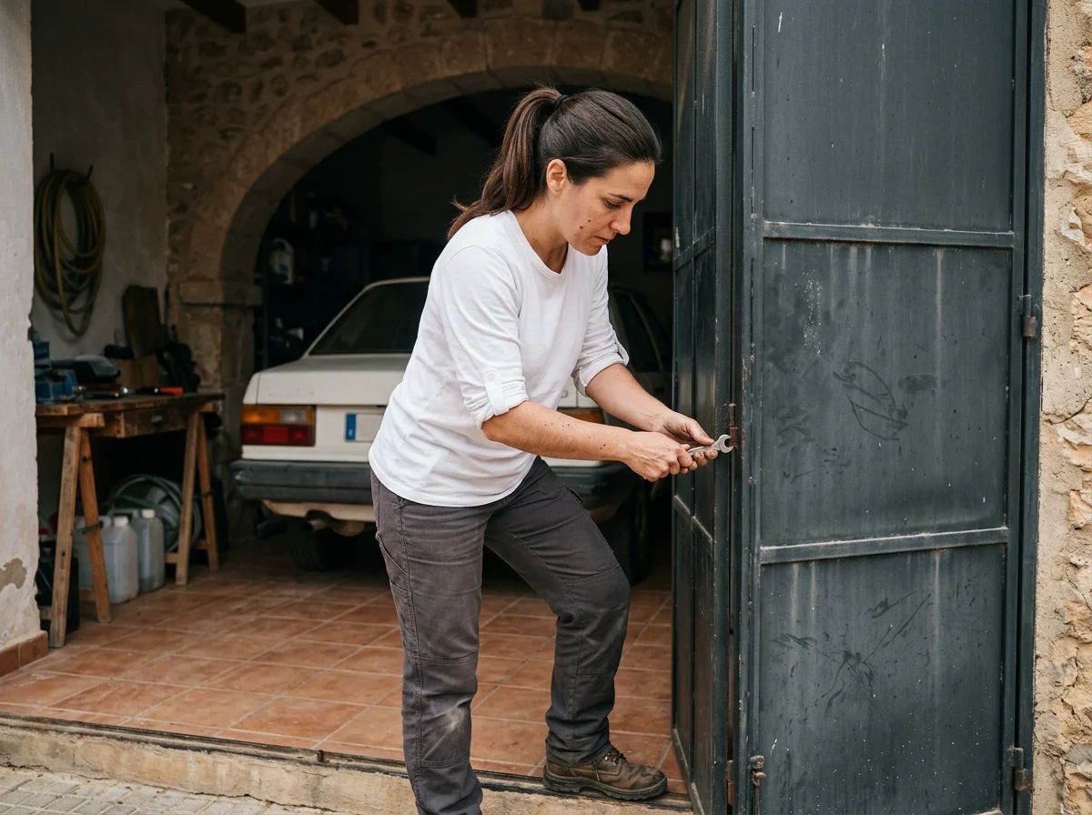 Puertas de garaje en Orba: técnico reparando la puerta peatonal de un garaje