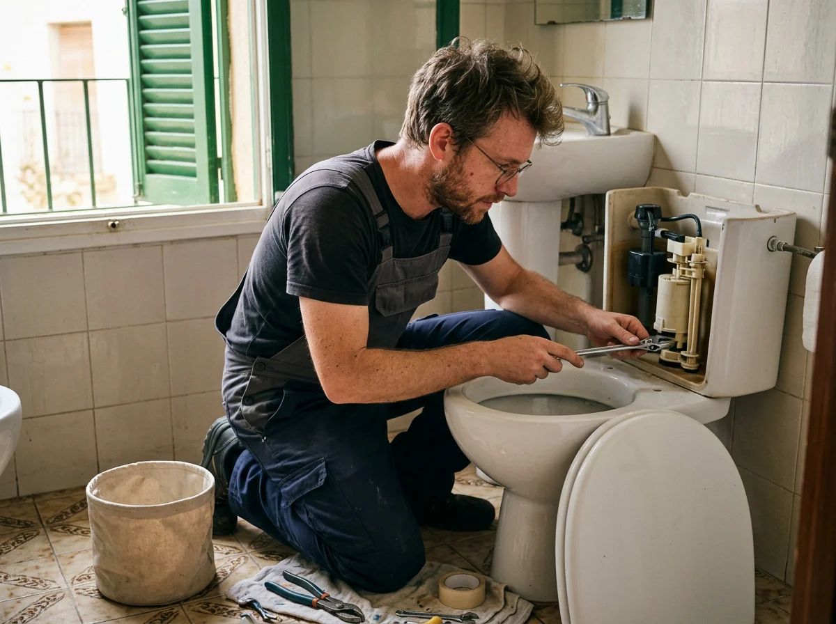 Fontaneros en Alcalalí: técnico reparando la cisterna del inodoro