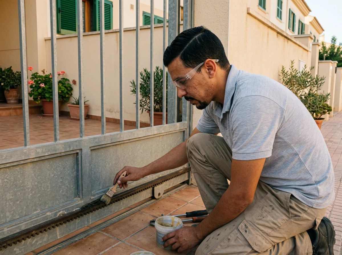 Automatismos de puertas en Sanet y Negrals: técnico engrasando la cremallera de una puerta corredera