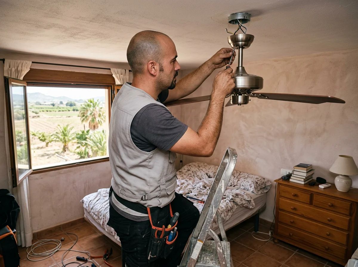 Electricistas en Albatera: técnico instalando un ventilador de techo