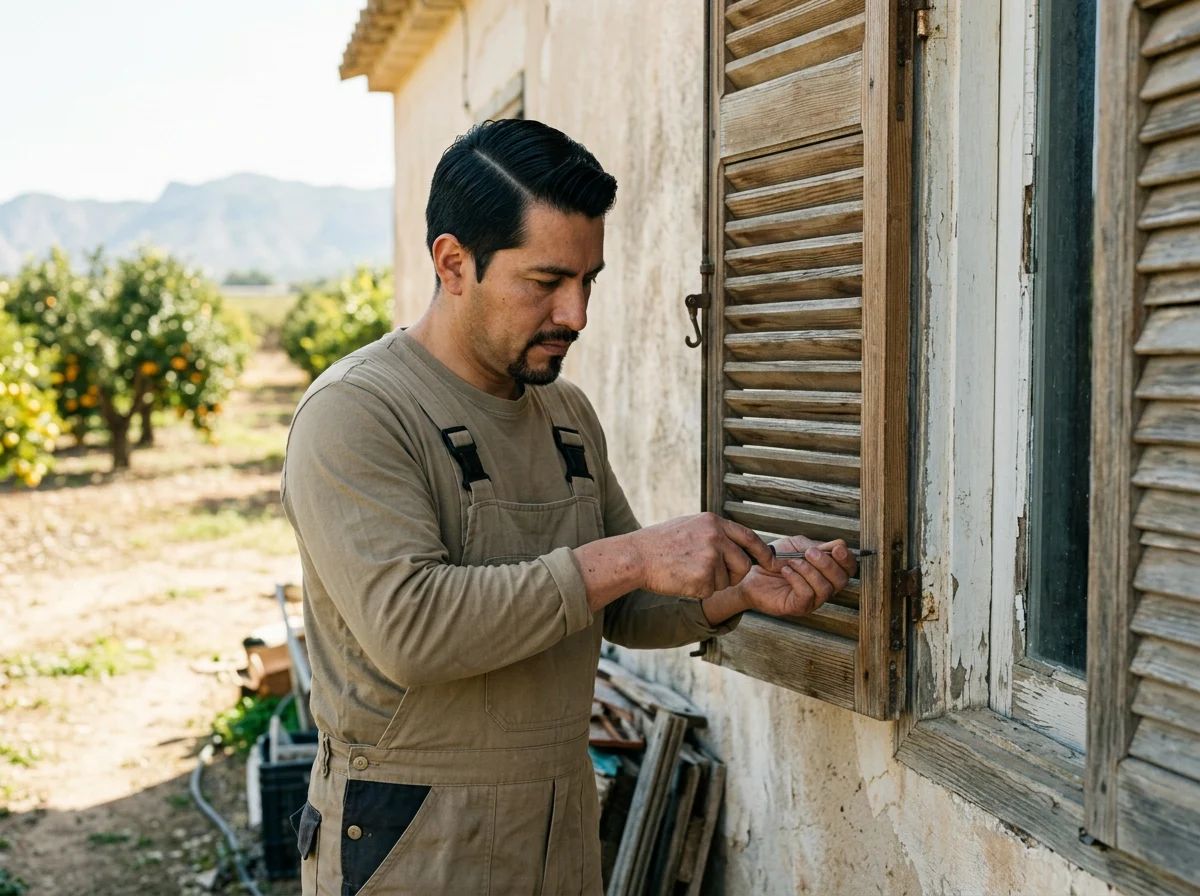 Reparación de persianas en Benijófar: técnico reparando una persiana de madera