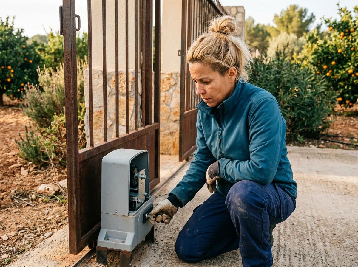 Automatismos de puertas en Orba: técnico probando el desbloqueo manual de un motor