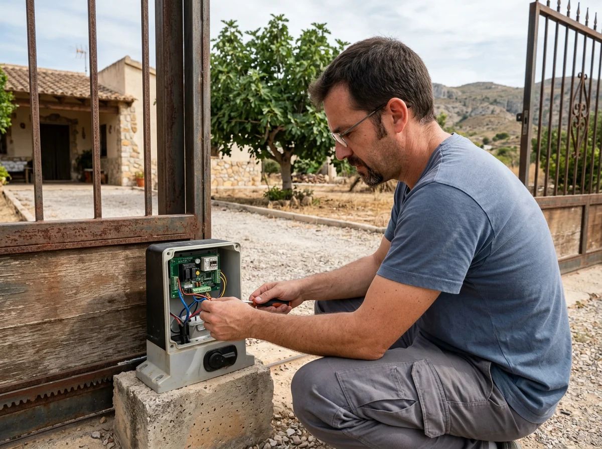 Automatismos de puertas en Algueña: técnico revisando la placa de control de un automatismo