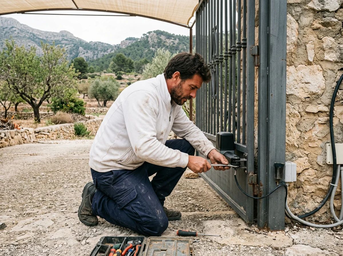 Automatismos de puertas en Cocentaina: técnico instalando un motor en una cancela de campo