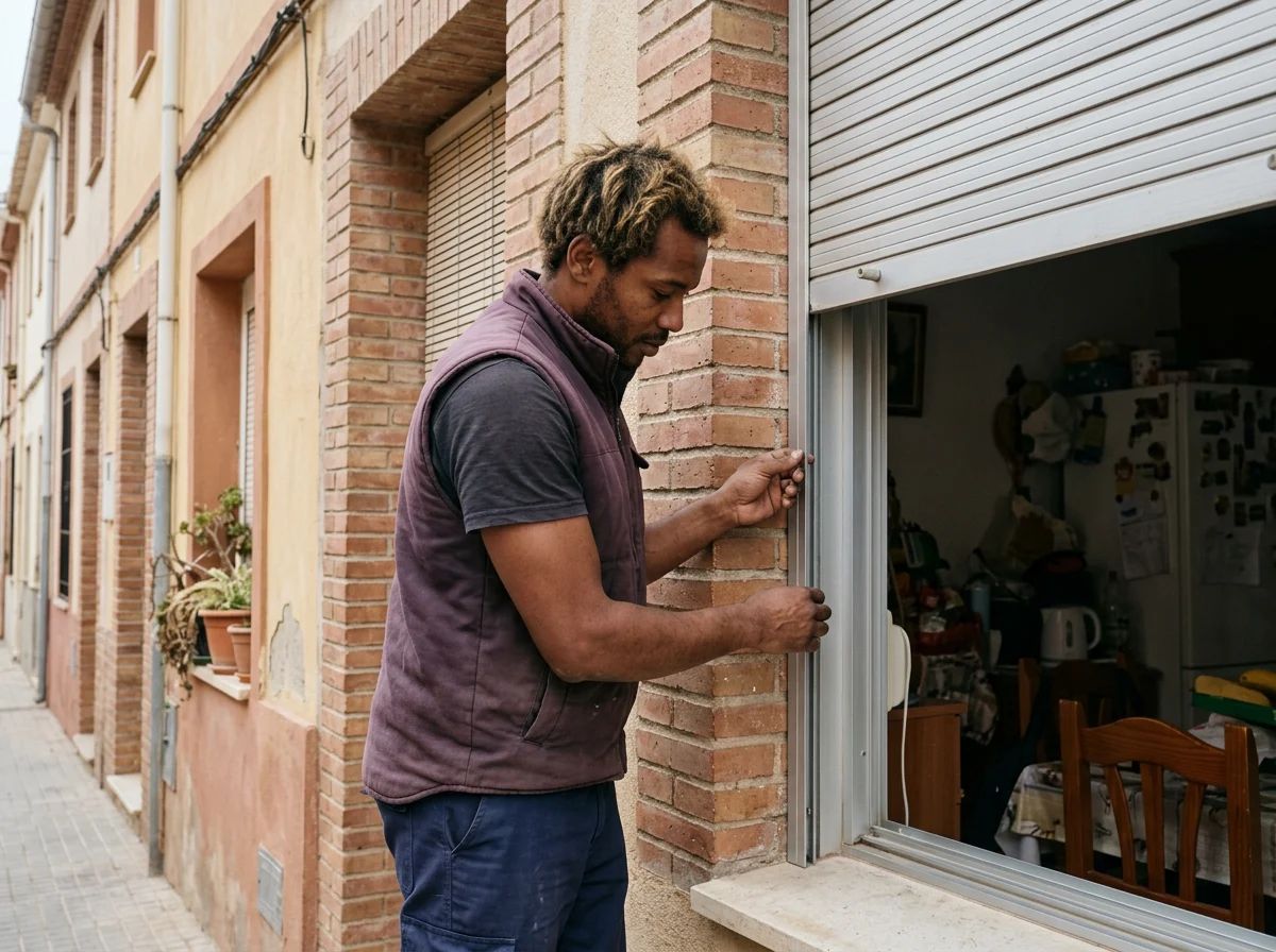 Reparación de persianas en Novelda: técnico ajustando las guías de una persiana