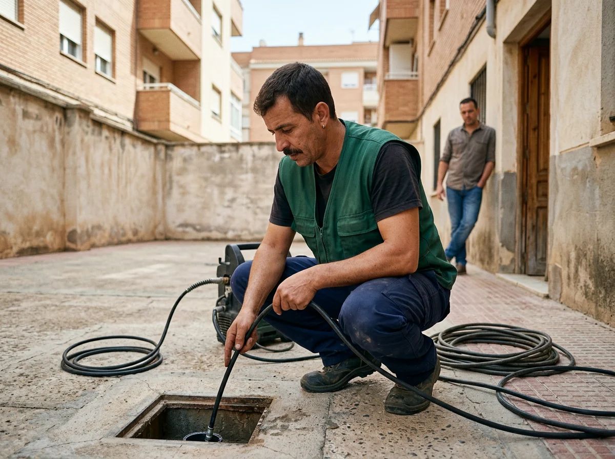 Desatascos en Torremanzanas: técnico desatascando con agua a presión