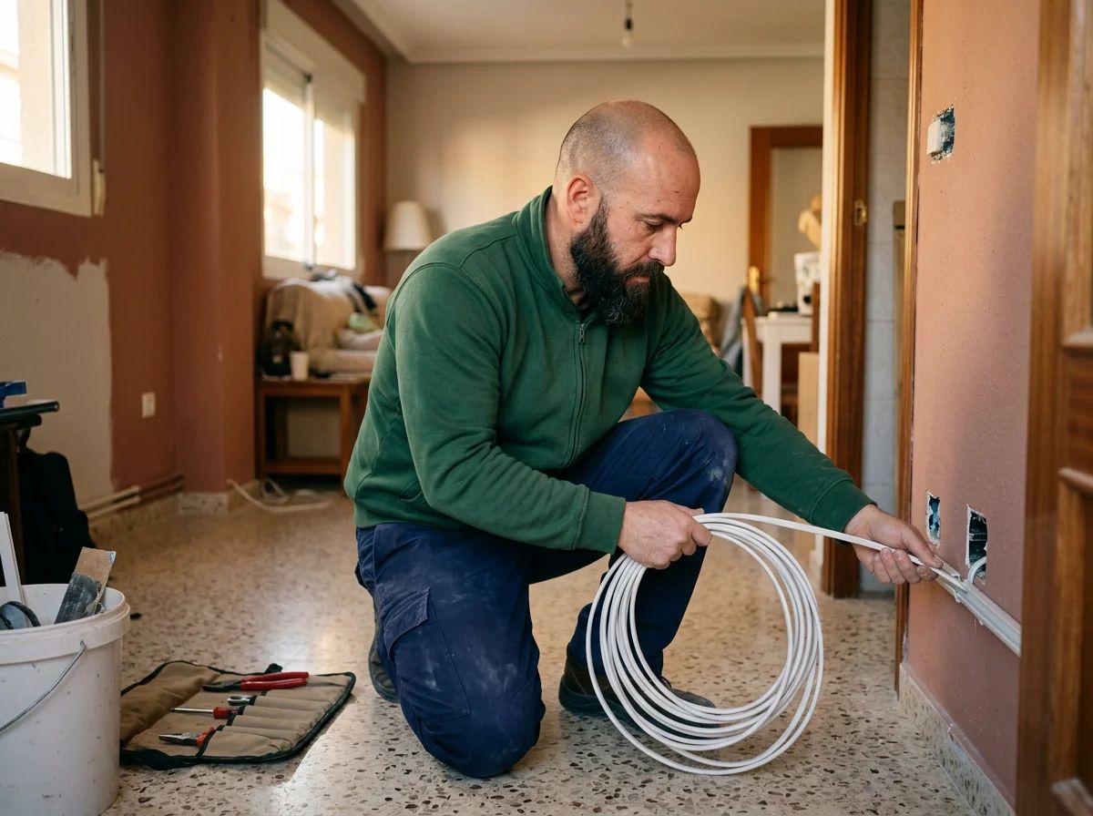 Electricistas en Pinoso: técnico pasando cable nuevo por el tubo