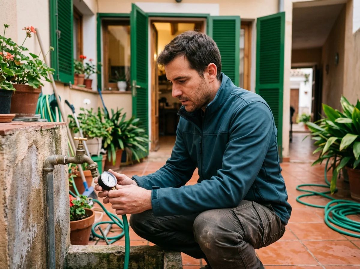 Fontaneros en Polop: técnico midiendo la presión del agua